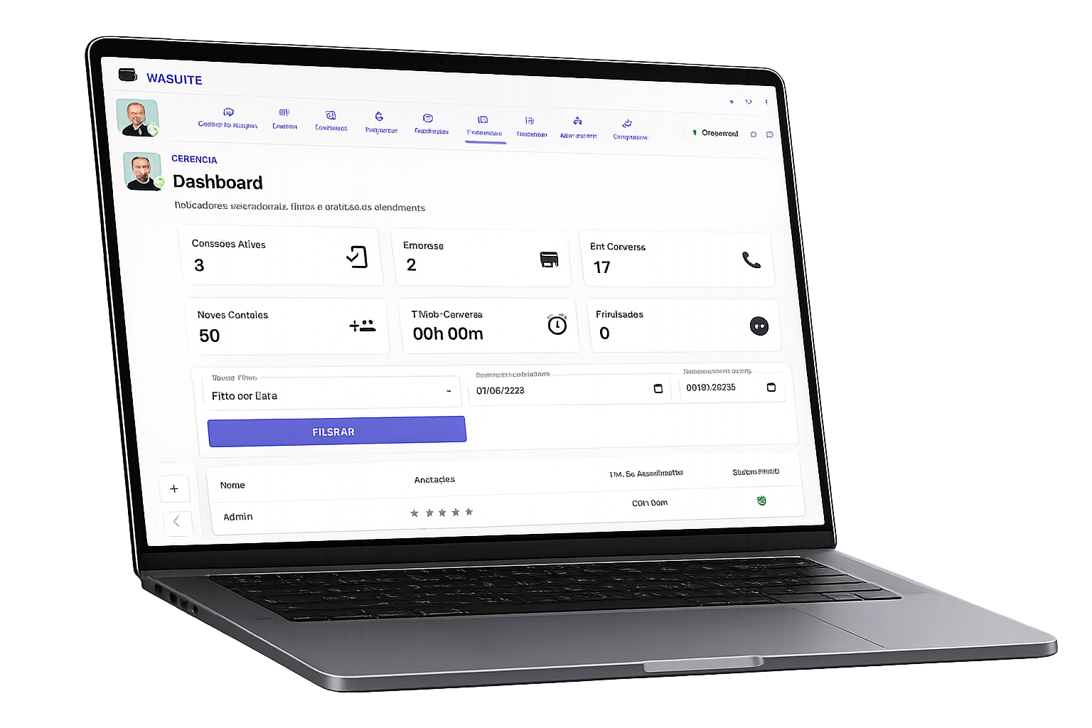 Notebook com interface WASUITE+ de CRM, atendimento, automações e indicadores comerciais